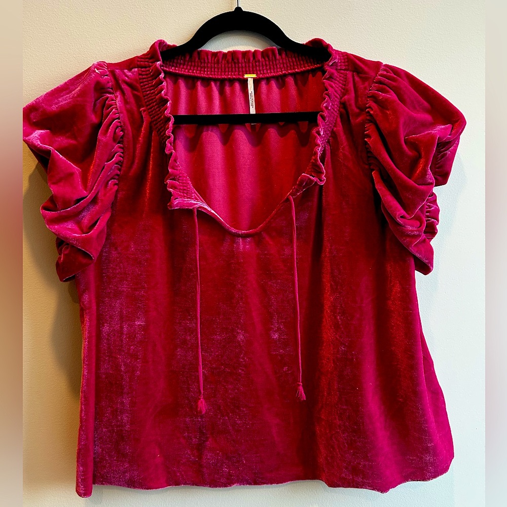 Free People Puffed Sleeve Velvet Crop Pink MED boho eclectic colorful feminine